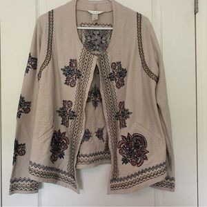 Boho Embroidered Cardigan Beige Open Front Sweater Cute Fall Size Small Casual